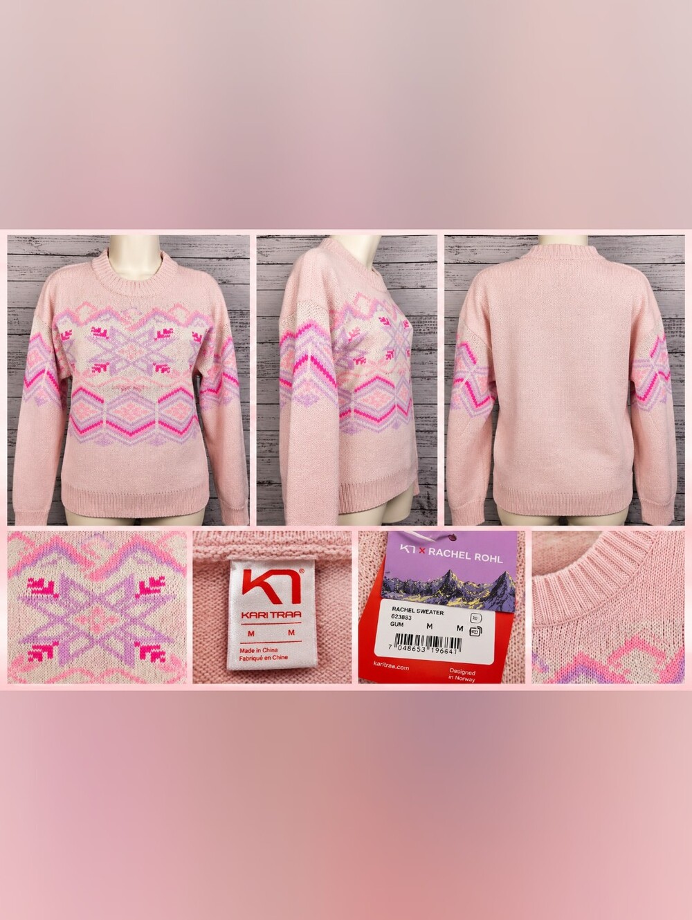 Kari Traa x Rachel Rohl Rachel Sweater Medium GUM Pink Nordic Fair Isle NWT